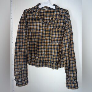 Plaid Cropped Button-Down Frayed Hem Shirt